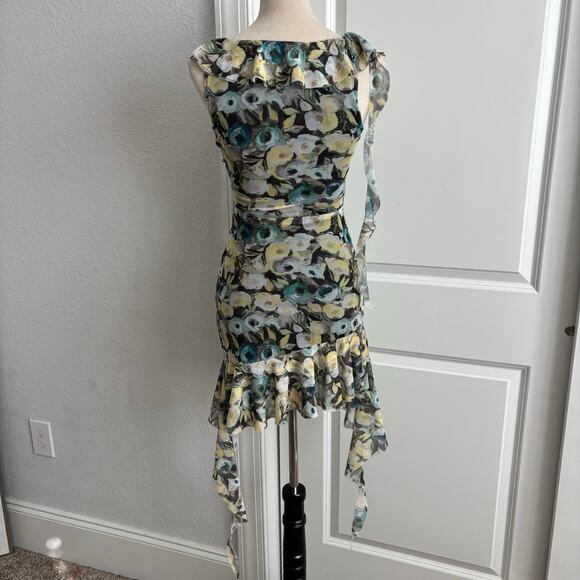 Zara Floral Mesh Ruched Mini Dress V-Neck Ruffle Sleeveless Small Asymmetrical - Picture 5 of 10